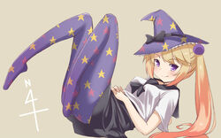  :p blonde_hair blush bow female hat hat_bow kantai_collection knees_up kyuu_pito long_hair looking_at_viewer lying majokko_(kantai_collection) no_shoes on_back pantyhose patterned_legwear personification print_legwear purple_eyes purple_legwear rashinban_musume side_ponytail solo star_print tongue tongue_out witch_hat 