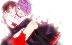  brown_hair eve_(ib) gary_(ib) hug ib long_hair purple_hair short_hair skirt socks white 