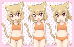  3girls :d :o animal_ears bikini blonde_hair braid cat_ears cat_girl cat_tail centaur_no_nayami commentary_request cowboy_shot hair_between_eyes hakkatou highres looking_at_viewer mitama_chigusa mitama_chiho mitama_chinami multiple_girls navel open_mouth orange_bikini polka_dot polka_dot_background ponytail red_eyes short_hair siblings sisters smile swimsuit tail triplets twin_braids 