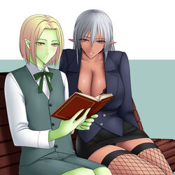  1boy baru_(val-val) breasts character_request cleavage curvaceous dark_elf dark_skin elf female fishnets formal full_body green_skin high high_heels high_resolution huge_breasts lilac_eyes long_hair looking_at_viewer original purple_eyes secretary shoes silver_hair solo standing suit thighhighs wide_hips yellow_eyes 