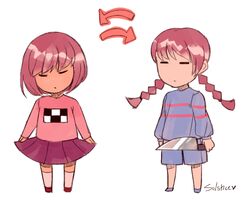  androgynous bad_id bad_pixiv_id braid brown_hair closed_eyes commentary_request cosplay costume_switch female frisk_(undertale) frisk_(undertale)_(cosplay) knife madotsuki madotsuki_(cosplay) pink_shirt shirt striped_clothes striped_shirt trait_connection twin_braids undertale venusianpeach yume_nikki 