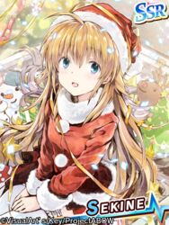  angel_beats! blonde_hair blue_eyes christmas commentary_request female hat long_hair reindeer santa_costume santa_hat sekine_shiori sitting snowman solo star_(symbol) takano_otohiko wariza 