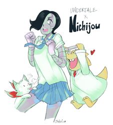  1boy alphys android annoying_dog bad_id bad_pixiv_id black_hair canine commentary_request copyright_name cosplay crossdressing female hair_over_one_eye mettaton mettaton_ex monster_girl nichijou open_mouth parody pleated_skirt professor_shinonome professor_shinonome_(cosplay) sakamoto_(nichijou) sakamoto_(nichijou)_(cosplay) scarf school_uniform serafuku shinonome_nano shinonome_nano_(cosplay) skirt tokisadame_school_uniform undertale venusianpeach winding_key 