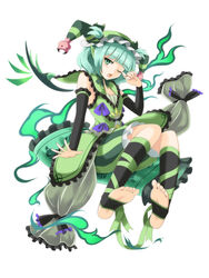  aqua_hair arm_warmers astaroth_(p&amp;d) bare_shoulders black_bow bloomers blush bow commentary_request demon_girl demon_horns detached_wings female fingernails flan_(zhd91) frilled_bow frills full_body green_bloomers green_eyes hat highres horns jester_cap leg_warmers one_eye_closed open_mouth pants photoshop_(medium) pillow puffy_pants purple_bow puzzle_&amp;_dragons short_hair simple_background sleeveless solo striped_clothes striped_pants white_background wings 