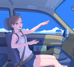  blue_shorts bottle car car_interior character_request cloud commentary_request cutoff_jeans cutoffs day denim denim_shorts female flash_tomo hands motor_vehicle original painttool_sai_(medium) right-hand_drive scenery shorts solo water_bottle 