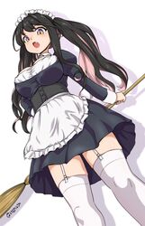  :o alternate_costume alternate_hairstyle apron black_hair breasts broom commentary dutch_angle enmaided eyebrows female garter_straps gradient_eyes isemagu kantai_collection large_breasts long_hair looking_at_viewer looking_down maid maid_headdress multicolored_eyes multicolored_hair naganami_(kancolle) oerba_yun_fang pink_hair purple_eyes simple_background solo thighhighs twintails twitter_username two-tone_hair v-shaped_eyebrows white_background white_thighhighs yellow_eyes 