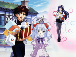  1boy 3girls ? bag black_legwear blue_eyes blue_hair bow box brown_eyes brown_hair crossed_legs dress eyelashes grey_hair hairbow hand_on_own_face hat head_tilt hoshino_ruri kidou_senkan_nadesico long_hair long_legs looking_at_viewer miniskirt misumaru_yurika multiple_girls official_art pale_skin pantyhose parted_bangs pencil_skirt shopping short_hair sidelocks skirt standing tenkawa_akito twintails yamaoka_shin&#039;ichi yellow_eyes 