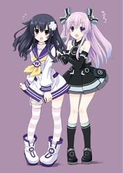  2girls alternate_hairstyle bare_shoulders black_hair black_legwear blush boots bow breasts brushing_another&#039;s_hair brushing_hair choker choujigen_game_neptune_mk2 collarbone commentary_request cosplay costume_switch d-pad d-pad_hair_ornament dress elbow_gloves flying_sweatdrops gloves hair_brush hair_down hair_ornament hairstyle_switch long_hair medium_breasts multiple_girls nepgear nepgear_(cosplay) neptune_(series) open_mouth purple_eyes purple_hair red_eyes shiitake_urimo simple_background socks striped_clothes striped_thighhighs thigh_strap thighhighs tsundere two_side_up uni_(neptunia) uni_(neptunia)_(cosplay) 