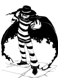  1boy cape commentary_request greyscale hamburglar highres karu_(ishiken) male_focus mcdonald&#039;s monochrome solo striped 