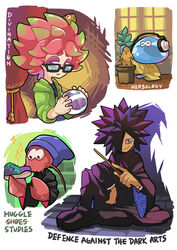  3boys annie_(splatoon) beanie black-framed_eyewear black_hair blue_hat commentary cosplay crusty_sean english_commentary female fish glass glasses globe goldfish gomipomi green_eyes harry_potter_(series) hat headphones holding hood hoodie jelonzo_(splatoon) looking_at_viewer moe_(splatoon) multiple_boys parted_lips photoshop_(medium) pink_hair robe school_uniform shoes sitting sparkle spiked_hair splatoon_(series) splatoon_1 spyke_(splatoon) tentacle_hair wand wizarding_world 