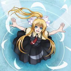  air_(visual_novel) blonde_hair blue_eyes commentary_request deni_m feathers female from_above kamio_misuzu long_hair looking_up outstretched_arms ponytail school_uniform solo spread_arms 