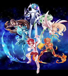  4boys aquila_yuna armor blue_eyes blue_hair boots brown_hair commentary_request dragon_ryuuhou female fighting_stance fire green_eyes green_footwear helmet highres kunai lionet_soma long_hair looking_back lupus_haruto multiple_boys orion_eden pegasus_koga photoshop_(medium) red_hair saint_seiya saint_seiya_omega shield short_hair skirt smile sun_trial water weapon 