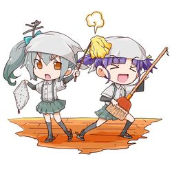  &gt;_&lt; 2girls :d :o alternate_headwear arm_warmers bad_id bad_twitter_id broom brown_eyes closed_eyes cloth commentary duster fudeyama_(fudeco) grey_hair grey_legwear hair_ornament hair_ribbon head_scarf kantai_collection kasumi_(kancolle) kneehighs long_hair multiple_girls ooshio_(kancolle) open_mouth pleated_skirt ponytail purple_hair ribbon school_uniform short_hair short_twintails side_ponytail skirt smile socks suspenders tenugui twintails unconventional_guitar v-shaped_eyebrows 