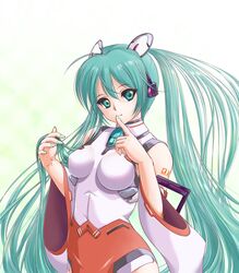  commentary_request detached_sleeves female finger_to_mouth green_eyes green_hair hatsune_miku long_hair mori_chu nail_polish solo twintails very_long_hair vocaloid 