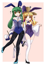  2girls animal_ears bad_id bad_pixiv_id bare_shoulders black_pantyhose blonde_hair breasts cleavage detached_collar detached_sleeves frog full_body gohei green_hair hair_ornament hat high_heels highres kochiya_sanae ktsecond long_hair medium_breasts moriya_suwako multiple_girls pantyhose playboy_bunny print_pantyhose pyonta rabbit_ears shoes short_hair small_breasts snake star_(symbol) star_print thighhighs touhou white_thighhighs yellow_eyes 