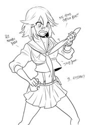  arguing bad_id bad_twitter_id female greyscale highres kill_la_kill korean_text line_art living_clothes matoi_ryuuko midriff monochrome open_mouth school_uniform senketsu serafuku short_hair skirt suspenders translated yahoklh 