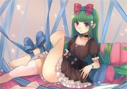  :d absurdly_long_hair bad_id bad_pixiv_id barefoot blue_bow blue_ribbon blunt_bangs blush bow bracelet brown_dress buttons choker collarbone dress feet female flat_chest flower frilled_dress frills gem green_hair hair_flower hair_ornament hairbow jewelry leaning_back light_smile long_hair looking_at_viewer nail_polish open_mouth original parted_lips pillow pink_nails pointy_ears puffy_short_sleeves puffy_sleeves red_bow red_eyes ribbon sash short_sleeves sitting smile solo toenail_polish toenails umasanjin unworn_thighhighs very_long_hair white_legwear 