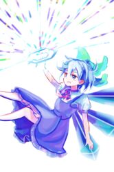  ba9ked blue_dress blue_eyes blue_hair bow cirno collared_shirt commentary_request crystal dress female hairbow ice_crystal light open_mouth photokinesis prism puffy_short_sleeves puffy_sleeves reflection ribbon shirt short_hair short_sleeves simple_background smile solo touhou white_background white_shirt 