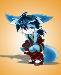  absurd_res anrock3 anthro blue_body blue_fur blue_hair canid canine clothed clothing fox fur hair hi_res male mammal neil_(anrock3) red_eyes solo 