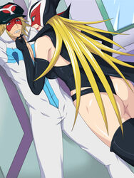  1boy arms_up ass back backboob blonde_hair blue_eyes breasts cape clenched_teeth doronjo elbow_gloves eye_contact female gloves gureko_rouman hat highres large_breasts legs long_hair looking_at_another makeup mask smile standing sweatdrop takada_gan teeth thighs tied_up yatterman 