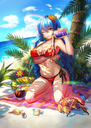  barefoot beach beach_towel bikini blue_hair blue_sky bottle braid breast_hold breasts cloud cocktail cocktail_umbrella coconut coconut_crab coconut_tree collarbone commentary conch crab day drinking_straw female flower fruit_cup full_body hair_between_eyes hair_flower hair_ornament highres horizon innertube kneeling large_breasts long_hair looking_at_viewer lotion lotion_bottle million_arthur_(series) ocean on_ground one_eye_closed orange_eyes outdoors palm_tree parted_lips photoshop_(medium) plant pouring rainbow red_bikini seashell shade shadow shell side-tie_bikini_bottom sky smile solo spilling strap_gap sunlight sunscreen swim_ring swimsuit tako_seijin towel tree tree_shade tropical_drink twin_braids very_long_hair wet 