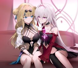 2girls baiser3rd between_legs black_choker black_dress blonde_hair blue_eyes bow breasts breasts_apart bright_pupils chest_bow choker dress eyewear_on_head hair_intakes hair_ornament highres honkai_(series) honkai_impact_3rd jacket long_hair long_sleeves midriff multiple_girls purple_bow purple_eyes red_jacket round_eyewear sitting songque sunglasses tassel tassel_hair_ornament thelema_nutriscu two_side_up very_long_hair white_hair white_jacket white_pupils 