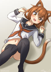  anchor_symbol animal_ear_fluff animal_ears black_sailor_collar black_thighhighs bottomless brown_eyes brown_hair cat_ears cat_tail feet_out_of_frame female hat ikazuchi_(kancolle) kantai_collection kemonomimi_mode lying navel neckerchief no_panties no_pants one-hour_drawing_challenge ray.s red_neckerchief sailor_collar sailor_hat school_uniform serafuku shadow shirt short_hair solo tail thighhighs white_shirt 