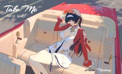  astra_yao black_hair bracelet breasts car cleavage convertible cropped_jacket dress earrings female hair_ornament hairband highres jacket jewelry large_breasts long_hair long_sleeves motor_vehicle pendant red_eyes red_jacket solo timbougami white_dress zenless_zone_zero 