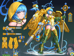  1boy 2girls adapted_costume aged_up android angel annoyed aqua_halo arm_cannon armor armored_boots blue_eyes blue_hair blue_halo bodysuit boots brooch chibi chibi_inset cleavage_cutout clothing_cutout cross cross_necklace crossover crucifix cyborg doom_(2016) doom_(series) doom_eternal doomguy drone glowing gold green_armor gun halo halo_behind_head handgun happy highres holding holding_staff holy_hand_grenade holy_water hood huge_weapon humanization jewelry joints koharu_(blue_archive) luce_(jubilee_2025) mechanical_arms mechanical_legs medallion multiple_girls necklace open_mouth original personification rifle robot robot_girl robot_joints science_fiction shield shield_module short_hair sig_sg550 smile spiked_halo staff substance20 water water_cannon water_gun weapon 