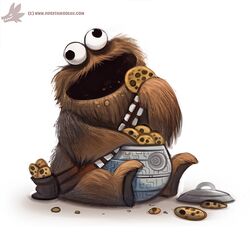  2015 ambiguous_gender bandolier black_eyes brown_body brown_fur candy chewbacca chewchilla chocolate chocolate_chips container cookie cookie_jar cookie_monster crossover death_star derp_eyes dessert digital_media_(artwork) digital_painting_(artwork) eating food fur hardware_wars humor jar monster open_mouth piper_thibodeau pun sesame_street simple_background sitting solo star_wars visual_pun white_background 