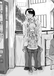  1boy blush coat commentary_request eating embarrassed female full_body genshiken glasses gloves greyscale highres long_hair madarame_harunobu monochrome oerba_yun_fang otaku otaple petite shared_clothes shared_coat size_difference skirt susanna_hopkins sweatdrop zon_nura 