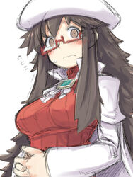  aty_(summon_night) aty_(summon_night)_(cosplay) beret black_hair blush breasts brown_hair commentary_request cosplay female gem glasses hat lab_coat large_breasts long_hair messy_hair motorii red-framed_eyewear ribbed_sweater semi-rimless_eyewear solo steepled_fingers summon_night sweater under-rim_eyewear yonezawa_natsumi yuusha_to_maou 