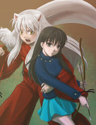  1boy animal_ears arrow_(projectile) black_hair blue_shirt bow_(weapon) casual commentary_request dog_ears female higurashi_kagome holding inuyasha inuyasha_(character) japanese_clothes long_hair long_sleeves saiha shirt skirt sword tetsusaiga weapon white_hair yellow_eyes 