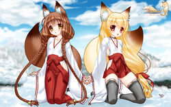  2girls animal_ear_fluff animal_ears bell black_legwear black_thighhighs blonde_hair blush bow braid brown_eyes brown_hair choker fox_ears fox_girl fox_tail hair_bell hair_between_eyes hair_ornament hairbow hakama hakama_short_skirt hakama_skirt highres japanese_clothes jingle_bell kimono kneeling lace lace-trimmed_legwear lace_trim long_hair looking_at_viewer low-tied_long_hair miko multiple_girls nakajima_konta okobo red_hakama ribbon ribbon_choker sandals skirt sleeves_past_wrists snow snow_fox socks socks_over_thighhighs tabi tail thighhighs twin_braids variant_set very_long_hair web_address white_socks yellow_eyes yukina_(snow_fox) yukino_(snow_fox) zettai_ryouiki 