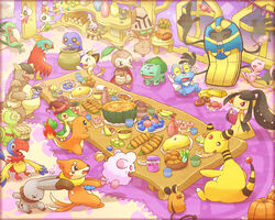  5:4 aerial_explorer_archen alternate_color ambiguous_gender ampharos anthro archaeologist_mawile archen astronomer_jirachi baby_kangaskhan basket beheeyem berry blush bodily_fluids book buizel bulbasaur bunnelby candy cape celebi charmander chesto_berry clothing cofagrigus communications_officer_dedenne container croagunk dashing_wanderer_ampharos dedenne dessert doughnut feral fire flaming_tail food fossil_pokemon froakie fruit furniture generation_1_pokemon generation_2_pokemon generation_3_pokemon generation_4_pokemon generation_5_pokemon generation_6_pokemon group grovyle grovyle_the_thief hat hawlucha headgear headwear hi_res humanoid jirachi kangaskhan kecleon klefki lagomorph legendary_pokemon lollipop mammal marine_explorer_buizel mawile meowth mew_(pokemon) mew_(psmd) mr._nuzleaf nintendo nuzleaf open_mouth oran_berry pastry pecha_berry plant pokemon pokemon_(species) pokemon_berry pokemon_mystery_dungeon pumpkin shiny_celebi_(eotds) shiny_pokemon snivy spike_chunsoft steward_swirlix sweat swirlix table tail tongue tongue_out underground_explorer_bunnelby wood みつぼし 