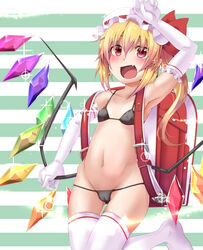  arm_on_own_head asymmetrical_wings backpack bag bikini black_bikini blonde_hair cameltoe commentary_request covered_nipples elbow_gloves eyes_visible_through_hair female flandre_scarlet flat_chest gloves groin hat looking_at_viewer micro_bikini mob_cap oerba_yun_fang open_mouth rando_seru randoseru red_eyes short_hair side_ponytail solo standing standing_on_one_leg swimsuit thighhighs touhou white_gloves white_thighhighs wings 