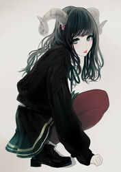  asarai bad_id bad_pixiv_id black_eyes black_footwear black_hair black_skirt black_sweater chains commentary_request cross-laced_footwear eyelashes female flower from_side full_body green_ribbons hair_flower hair_ornament highres horns long_hair long_sleeves looking_at_viewer miniskirt original pantyhose parted_lips pink_flower pink_rose pleated_skirt red_legwear ribbon rose shoes simple_background skirt socks socks_over_pantyhose solo squatting sweater white_legwear 