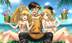  1boy 2girls :3 bandeau beach beret bikini black_hair blonde_hair blue_eyes blush bow breasts candy_(smile_precure!) chinese_clothes cleavage cloud color_connection commentary commission crossed_legs crossover cure_peace day drill_hair drink drunk food fruit fruit_cup hair_flaps hat headband hibiki_ryouga kyuubee large_breasts long_hair magical_girl mahou_shoujo_madoka_magica mahou_shoujo_madoka_magica_(anime) multiple_crossover multiple_girls navel ocean oerba_yun_fang open_mouth outdoors palm_tree pants photoshop_(medium) pineapple pink_bow ponytail precure ranma_1/2 short_hair side-tie_bikini_bottom sitting sky smile smile_precure songwut_ouppakarndee strap_gap sweatdrop swimsuit tangzhuang tiara tomoe_mami tomoe_mami_(magical_girl) tree tropical_drink twin_drills twintails v white_bikini wrist_cuffs yayoi_kise yellow_eyes 