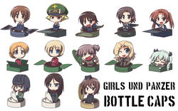  6+girls ;d alisa_(girls_und_panzer) anchovy_(girls_und_panzer) anzio_military_uniform blush chibi commentary_request darjeeling_(girls_und_panzer) erwin_(girls_und_panzer) fictional_sister full_body garrison_cap girls_und_panzer hat helmet highres isobe_noriko jacket kadotani_anzu katyusha_(girls_und_panzer) kay_(girls_und_panzer) kuromorimine_military_uniform military military_uniform multiple_girls nishizumi_maho nishizumi_miho nonna_(girls_und_panzer) one_eye_closed ooarai_military_uniform open_mouth orange_pekoe_(girls_und_panzer) peaked_cap pravda_military_uniform saunders_military_uniform sawa_azusa short_hair simple_background sitting smile st._gloriana&#039;s_military_uniform tank_helmet uniform white_background 