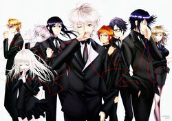  3girls 6+boys absurdres awashima_seri black_hair blonde_hair blue_eyes business_suit closed_eyes formal fushimi_saruhiko glasses grey_hair heterochromia highres k-project kusanagi_izumo kushina_anna looking_at_viewer multiple_boys multiple_girls munakata_reishi neko_(k-project) one_eye_closed orange_hair photoshop_(medium) purple_eyes red_eyes simple_background suit sunglasses white_hair yata_misaki yatogami_kurou 