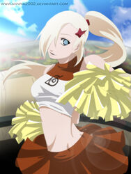  annria2002 blonde_hair cheerleader cloud clouds female female green_eyes hair_ornament highres ino_yamanaka light long_hair naruto open_mouth ponytail shirt short_shirt skirt sky smile solo t-shirt 