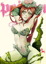  arms_up batman_(series) breasts cleavage colored_skin commentary_request dc_comics female florakinesis flower green_eyes green_skin groin hands_in_hair jinbei large_breasts monster_girl navel plant plant_girl poison_ivy red_hair rose signature sitting solo strapless vines 