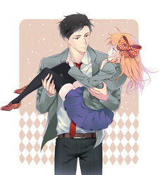  1boy ayumi_(xiwu) black_thighhighs bow carrying commentary_request couple female gekkan_shoujo_nozaki-kun long_hair nozaki_umetarou orange_hair photoshop_(medium) pleated_skirt polka_dot polka_dot_bow princess_carry rouman_academy_school_uniform sakura_chiyo school_uniform skirt straight thighhighs zettai_ryouiki 