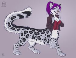  2017 anthro bottomless breasts chakat chakat_swiftwind cleavage clothed clothing digitigrade felid felid_taur female fur hair herm_(lore) kacey mammal mammal_taur open_mouth pantherine pantherine_taur pink_nose purple_hair quadruped snow_leopard snow_leopard_taur solo tail taur whiskers white_body white_fur 