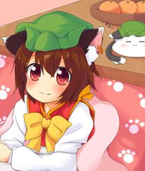  :3 animal_ear_fluff animal_ears cat_ears chen chinoru commentary_request female highres kotatsu lying mochen oerba_yun_fang on_stomach solo table touhou under_kotatsu under_the_table zzz 