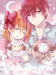  1boy blush bow closed_eyes cloud commentary_request drooling embarrassed female gekkan_shoujo_nozaki-kun long_hair mikoshiba_mikoto orange_hair pajamas polka_dot polka_dot_bow purimo_(xxxmofmof) red_hair sakura_chiyo sheep sleeping 