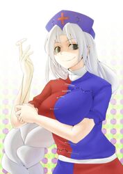  bad_id bad_pixiv_id blush braid breasts doseisan_(dosei-san) female gloves grey_eyes grey_hair hat large_breasts long_hair nurse_cap shaded_face skirt smile solo suppository touhou white_hair yagokoro_eirin 