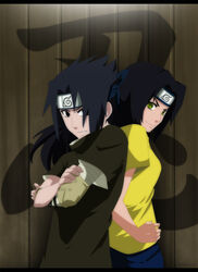  1boy annria2002 black_eyes black_hair black_shirt female green_eyes highres long_hair looking_at_viewer naruto original original_character shirt short_hair smile t-shirt uchiha_sasuke yellow_shirt 