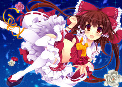  ascot bare_shoulders bow breasts brown_eyes brown_hair collarbone commentary_request crop_top crop_top_overhang detached_sleeves female flower frilled_shirt_collar frilled_skirt frills glitter hair_ornament hair_ribbon hair_tubes hairbow hakurei_reimu long_hair medium_breasts midriff navel open_mouth outstretched_arm panties pantyshot photoshop_(medium) reaching red_bow ribbon ribbon-trimmed_sleeves ribbon_trim ripples sandals skirt solo star_(symbol) striped_clothes striped_panties thighhighs touhou underboob underwear water white_thighhighs yumemiya_subaru 