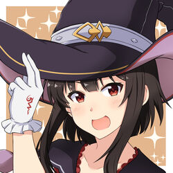  alternate_costume black_gloves black_hair commentary_request female gloves granblue_fantasy hat kono_subarashii_sekai_ni_shukufuku_wo! looking_at_viewer megumin naginoya open_mouth red_eyes short_hair smile solo warlock_(granblue_fantasy) witch_hat 